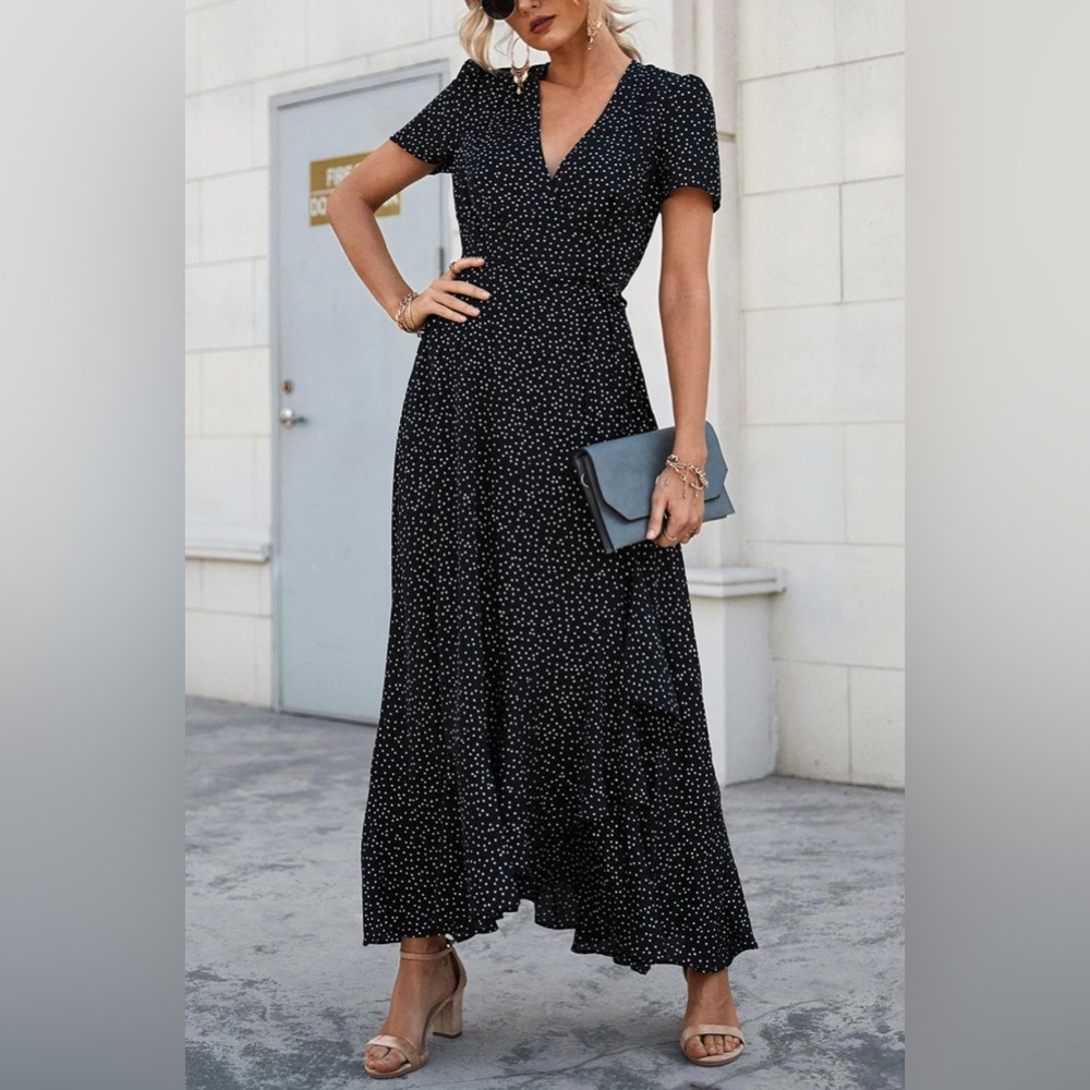 PRETTY GARDEN Elegant Black Polka Dot Maxi Long Wrap Dress Size M Medium